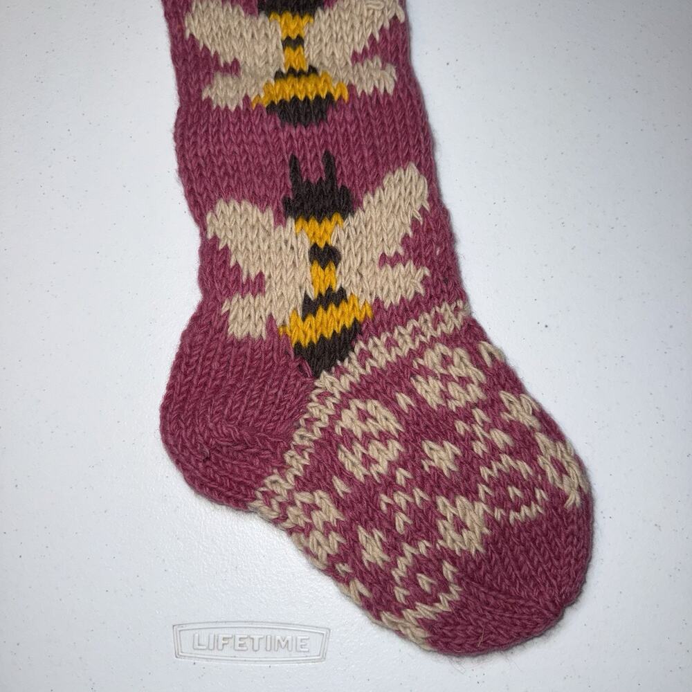 Lakhays 100% Wool Handknit Cottage Holiday Stocking Honeybee Pink Christmas NWT - Picture 5 of 7
